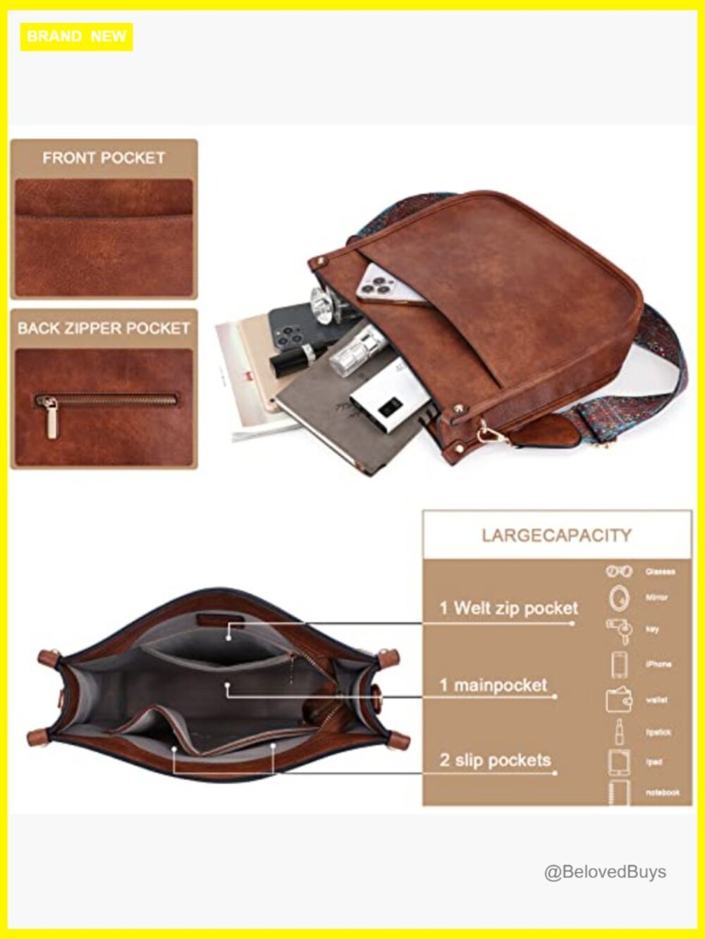 Vegan Leather Hobo Crossbody Bag with Adjustable Guitar Strap - Picture 4 of 7